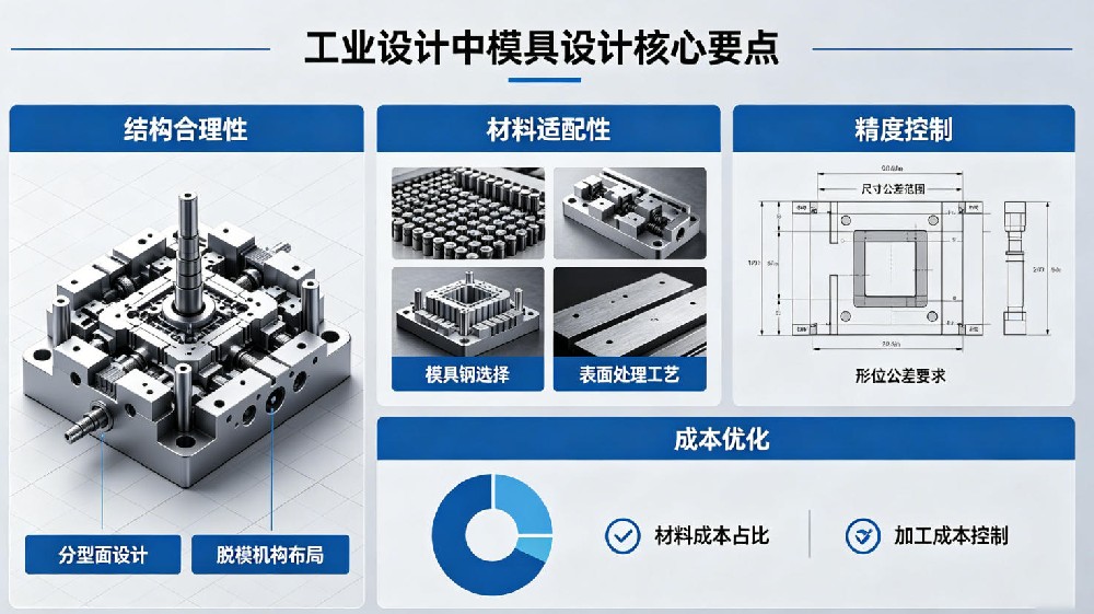 ​工业设计的核心是打造美观、好用、符合市场需求的产品，而模具设计是工业设计落地量产的核心支撑。脱离模具可行性的工业设计只是纸上概念，无法实现批量生产；模具设计的合理性，直接决定工业设计成品的外观质感、尺寸精度、生产成本与良品率。本文聚焦工业设计场景下的模具设计，讲解二者适配逻辑、核心设计原则、避坑要点与协同规范。