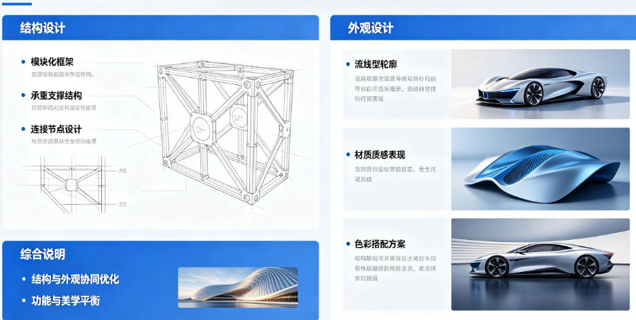 在产品研发体系中，结构设计与外观设计是相辅相成、缺一不可的核心环节，被称为产品设计的“内在骨架”与“外在形象”。二者分工明确、相互约束、协同赋能，共同实现产品美学价值、使用功能、实用性能与量产落地的统一，是打造高品质、高市场竞争力产品的核心基础。